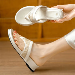 Aneikeh Shallow Flip Flops Elegant  Woven Strap Clip Toe White Platform Wedges Low Heels Slippers Shoes