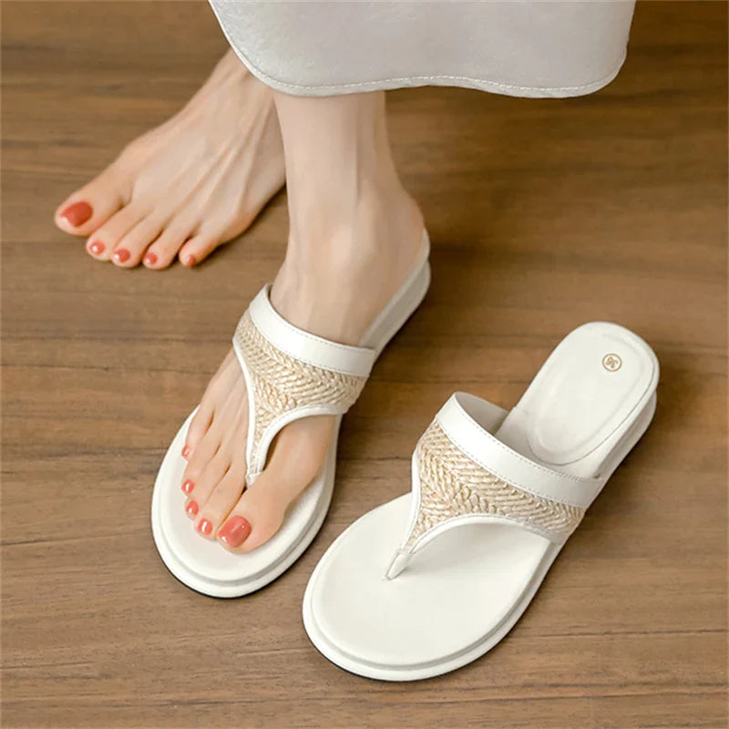 Aneikeh Shallow Flip Flops Elegant  Woven Strap Clip Toe White Platform Wedges Low Heels Slippers Shoes
