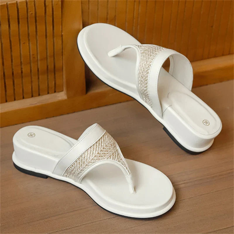 Aneikeh Shallow Flip Flops Elegant  Woven Strap Clip Toe White Platform Wedges Low Heels Slippers Shoes