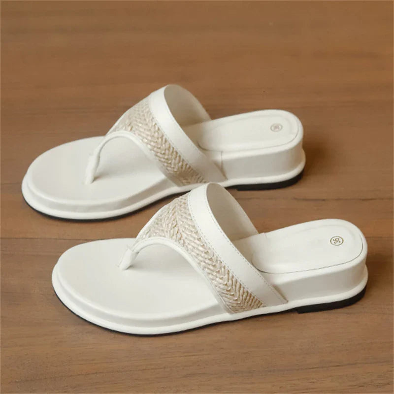 Aneikeh Shallow Flip Flops Elegant  Woven Strap Clip Toe White Platform Wedges Low Heels Slippers Shoes