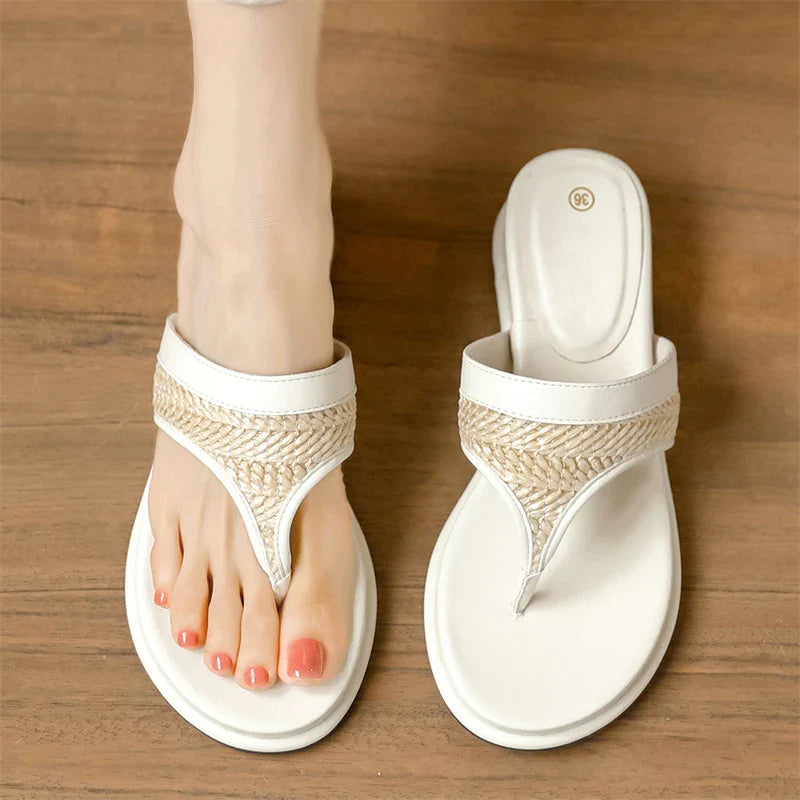 Aneikeh Shallow Flip Flops Elegant  Woven Strap Clip Toe White Platform Wedges Low Heels Slippers Shoes