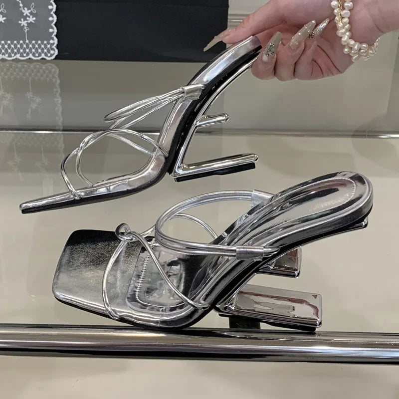 Aneikeh Silvery Cross Transparent Straight Strap Sandals Exposed Toe Sexy Fretwork High Heels Slippers Mules Shoes
