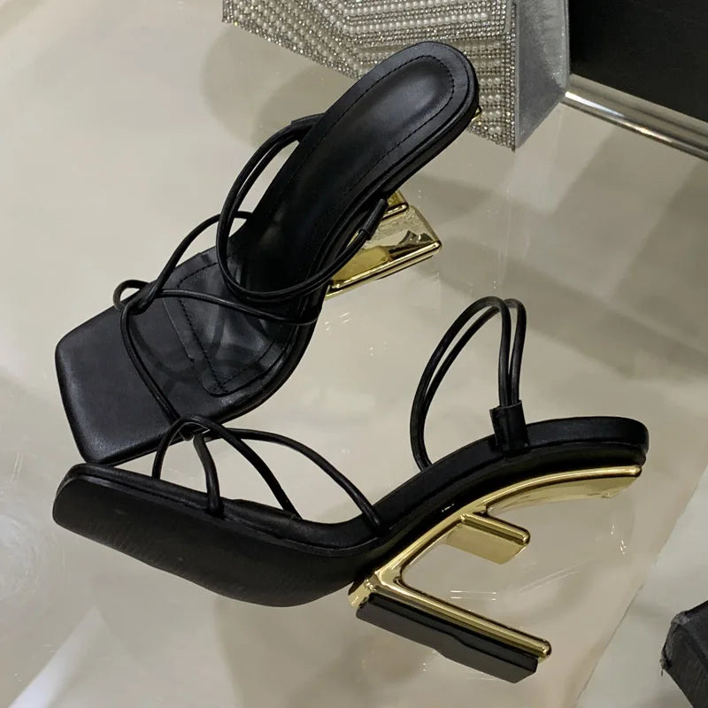 Aneikeh Silvery Cross Transparent Straight Strap Sandals Exposed Toe Sexy Fretwork High Heels Slippers Mules Shoes