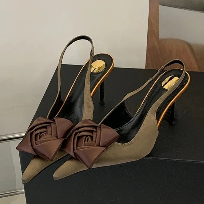 Aneikeh Street Style Elegant Sexy Flower Designer Pointed Toe High Heels Shallow Pumps Banquet Dress Shoes