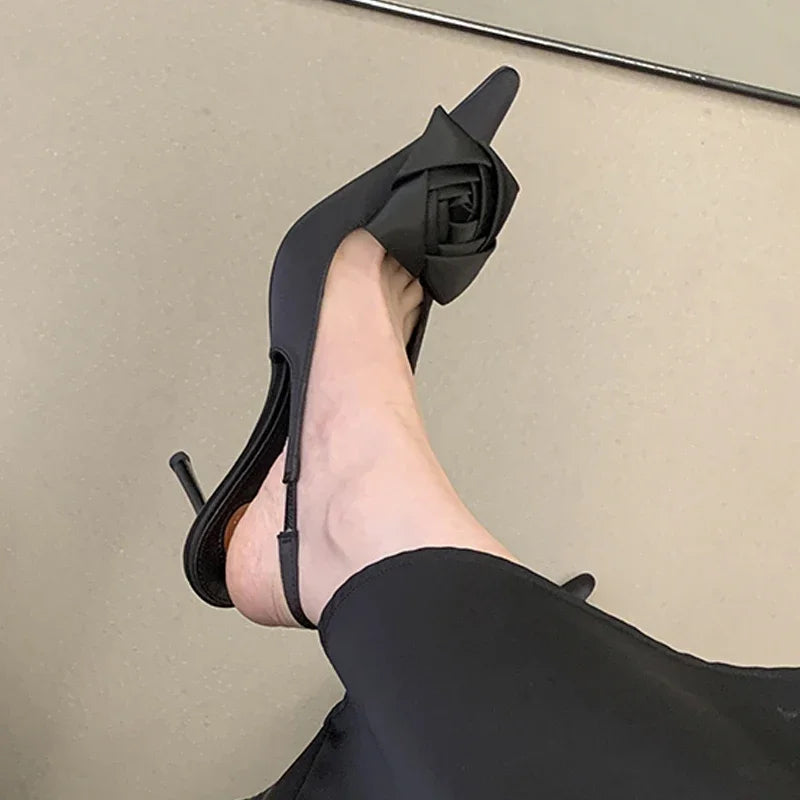 Aneikeh Street Style Elegant Sexy Flower Designer Pointed Toe High Heels Shallow Pumps Banquet Dress Shoes