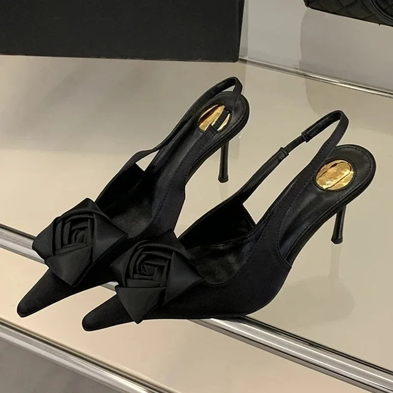 Aneikeh Street Style Elegant Sexy Flower Designer Pointed Toe High Heels Shallow Pumps Banquet Dress Shoes