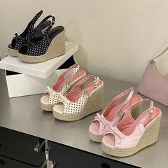 Aneikeh Thick Soled Grass Woven High Heels Casual Retro Roman Sandals Polka Butterfly-kont Wedge Platform Woman Sandals