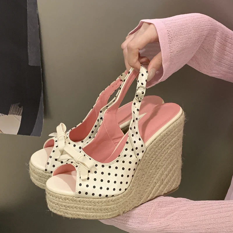 Aneikeh Thick Soled Grass Woven High Heels Casual Retro Roman Sandals Polka Butterfly-kont Wedge Platform Woman Sandals