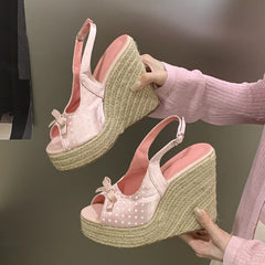 Aneikeh Thick Soled Grass Woven High Heels Casual Retro Roman Sandals Polka Butterfly-kont Wedge Platform Woman Sandals