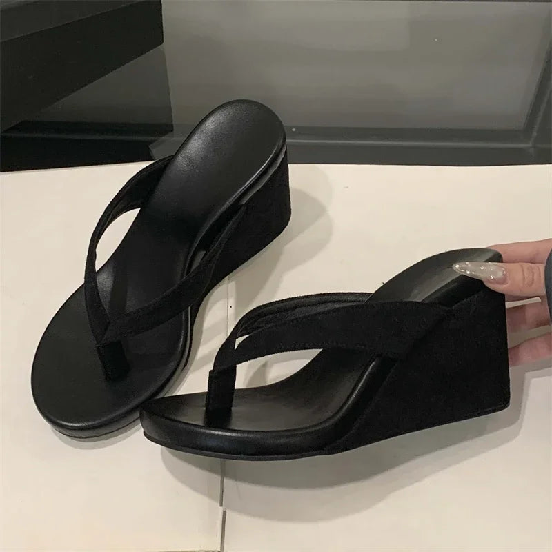 Aneikeh Wedges Thick High Slippers Designer Party Flip Flop Slides Beach Shoes Concise Zapatos De Mujer