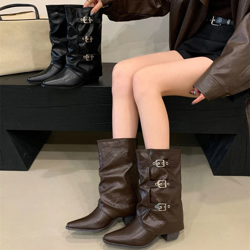 Aneikeh Vintage Triple Buckle Slouch Western Mid Boots Pointed Toe Low Block Heel Retro Cowgirl Boots