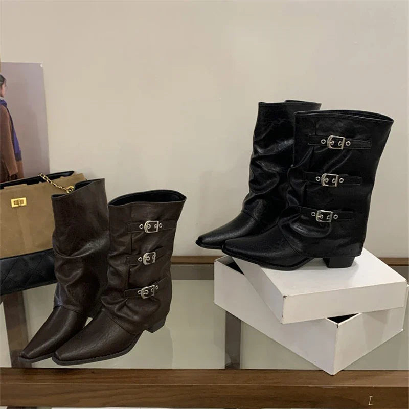 Aneikeh Vintage Triple Buckle Slouch Western Mid Boots Pointed Toe Low Block Heel Retro Cowgirl Boots