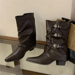 Aneikeh Vintage Triple Buckle Slouch Western Mid Boots Pointed Toe Low Block Heel Retro Cowgirl Boots