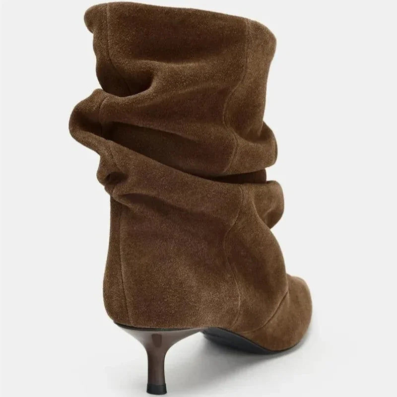 Aneikeh Wrinkle Pointed Toe Ankle Boots Pleated Short Boots Female Retro Elegant Designer Femmes Botas De Mujer