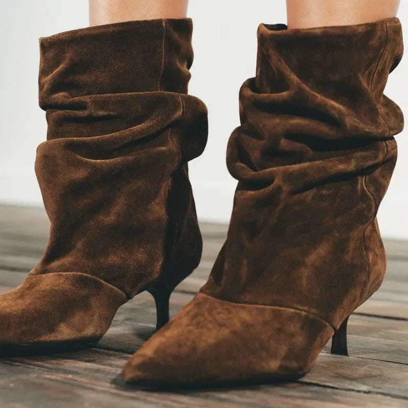 Aneikeh Wrinkle Pointed Toe Ankle Boots Pleated Short Boots Female Retro Elegant Designer Femmes Botas De Mujer