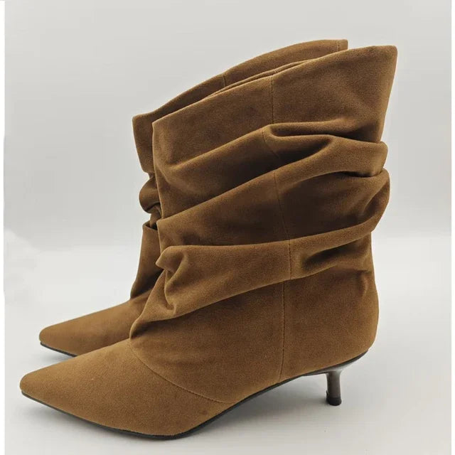 Aneikeh Wrinkle Pointed Toe Ankle Boots Pleated Short Boots Female Retro Elegant Designer Femmes Botas De Mujer