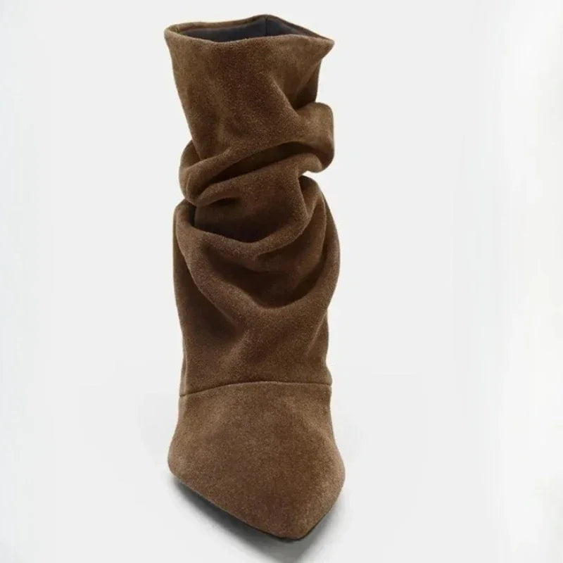 Aneikeh Wrinkle Pointed Toe Ankle Boots Pleated Short Boots Female Retro Elegant Designer Femmes Botas De Mujer