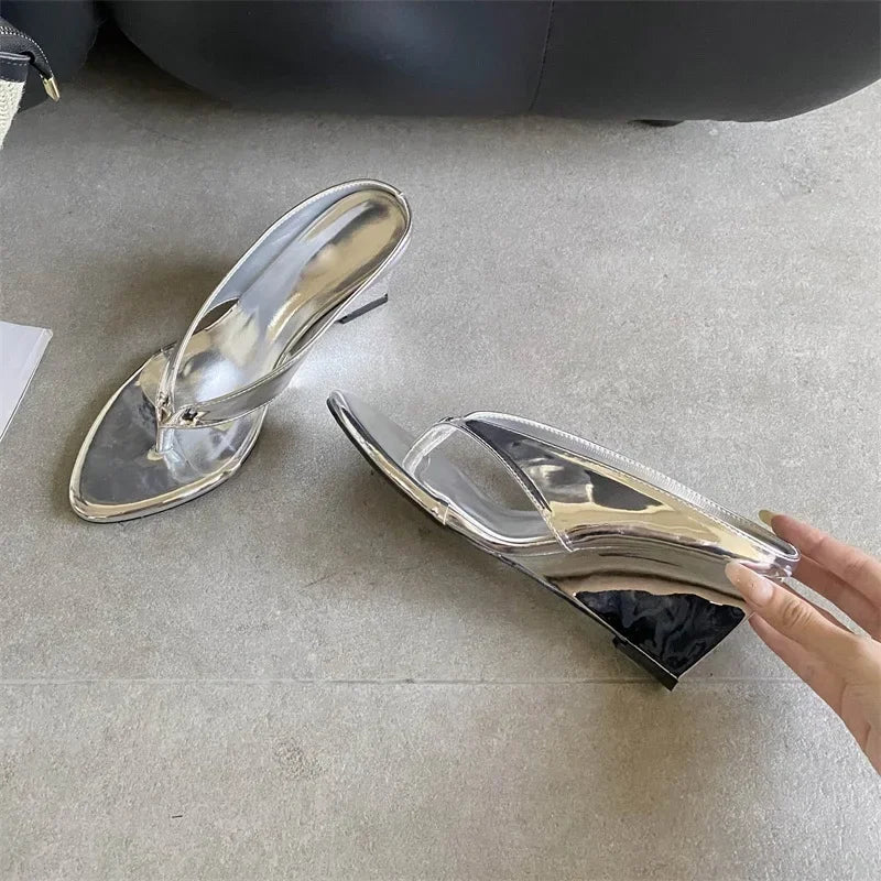 Aneikeh Woman Slippers Concise Shallow Clip Toe Design Wedges High Heels Party Slide Shoes Flip Flops Pumps