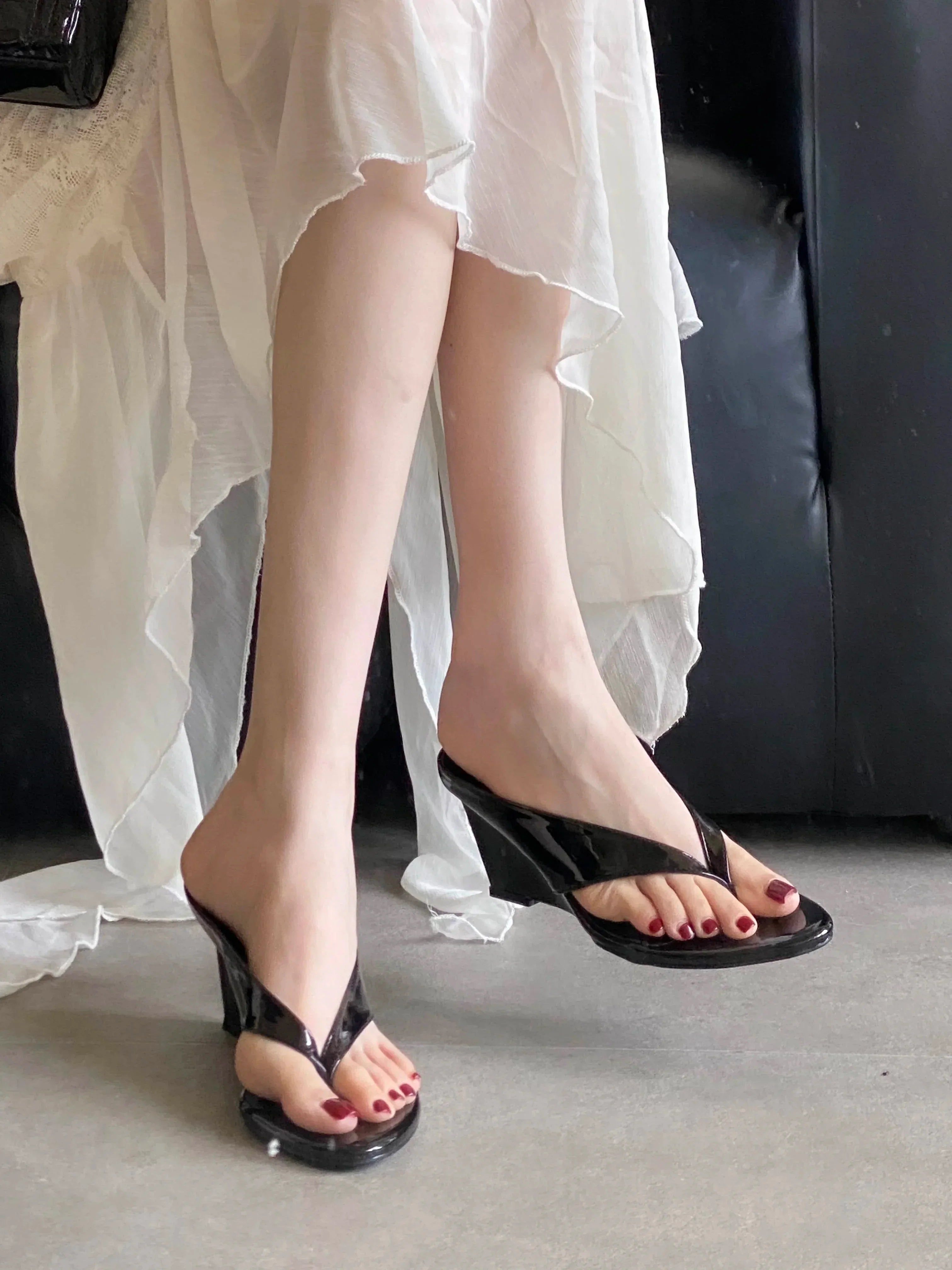 Aneikeh Woman Slippers Concise Shallow Clip Toe Design Wedges High Heels Party Slide Shoes Flip Flops Pumps