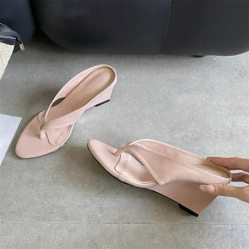Aneikeh Woman Slippers Concise Shallow Clip Toe Design Wedges High Heels Party Slide Shoes Flip Flops Pumps