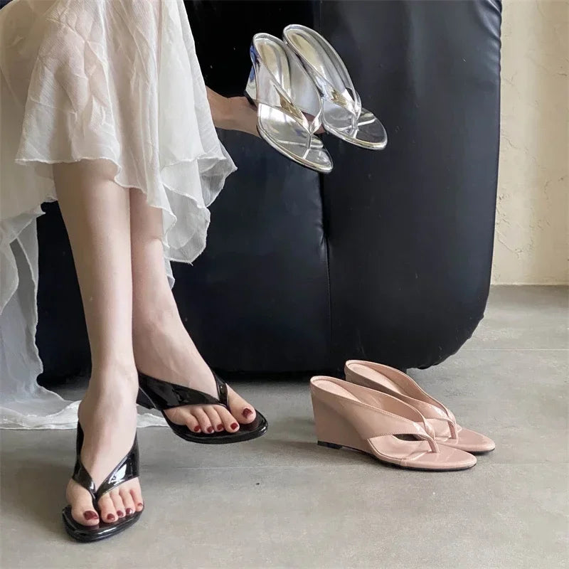 Aneikeh Woman Slippers Concise Shallow Clip Toe Design Wedges High Heels Party Slide Shoes Flip Flops Pumps