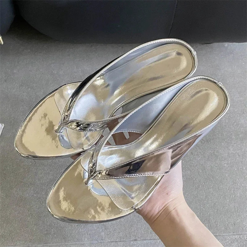 Aneikeh Woman Slippers Concise Shallow Clip Toe Design Wedges High Heels Party Slide Shoes Flip Flops Pumps