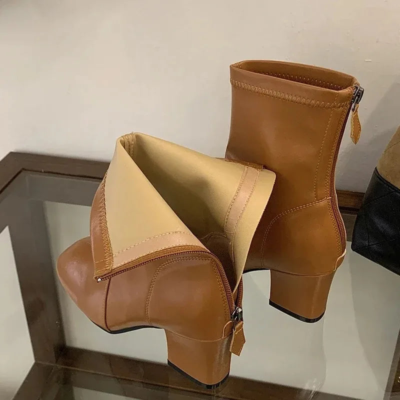 Aneikeh Black Stretch Ankle Boots Square Toe Block Mid Heel Back Zipper Slim Fit Leather Booties Autumn Dress Shoes