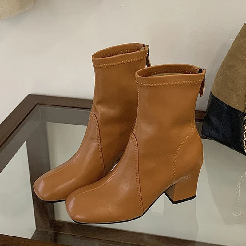 Aneikeh Black Stretch Ankle Boots Square Toe Block Mid Heel Back Zipper Slim Fit Leather Booties Autumn Dress Shoes