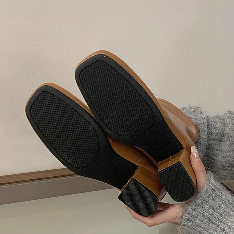 Aneikeh Black Stretch Ankle Boots Square Toe Block Mid Heel Back Zipper Slim Fit Leather Booties Autumn Dress Shoes