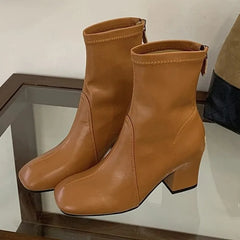 Aneikeh Black Stretch Ankle Boots Square Toe Block Mid Heel Back Zipper Slim Fit Leather Booties Autumn Dress Shoes