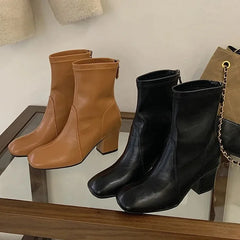 Aneikeh Black Stretch Ankle Boots Square Toe Block Mid Heel Back Zipper Slim Fit Leather Booties Autumn Dress Shoes