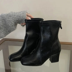 Aneikeh Black Stretch Ankle Boots Square Toe Block Mid Heel Back Zipper Slim Fit Leather Booties Autumn Dress Shoes