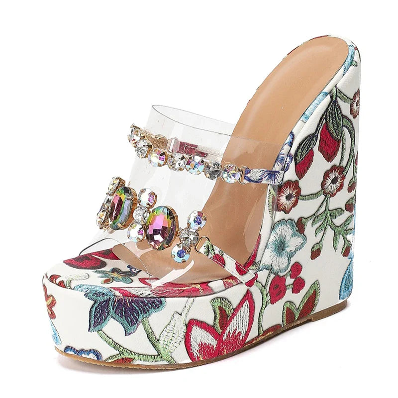 Aneikeh Floral Print Platform Wedge Sandals Slippers Crystal Clear Strap Open Toe High Heel Slides Shoes