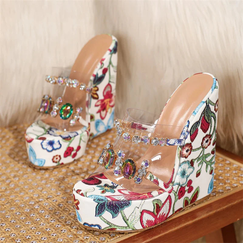 Aneikeh Floral Print Platform Wedge Sandals Slippers Crystal Clear Strap Open Toe High Heel Slides Shoes