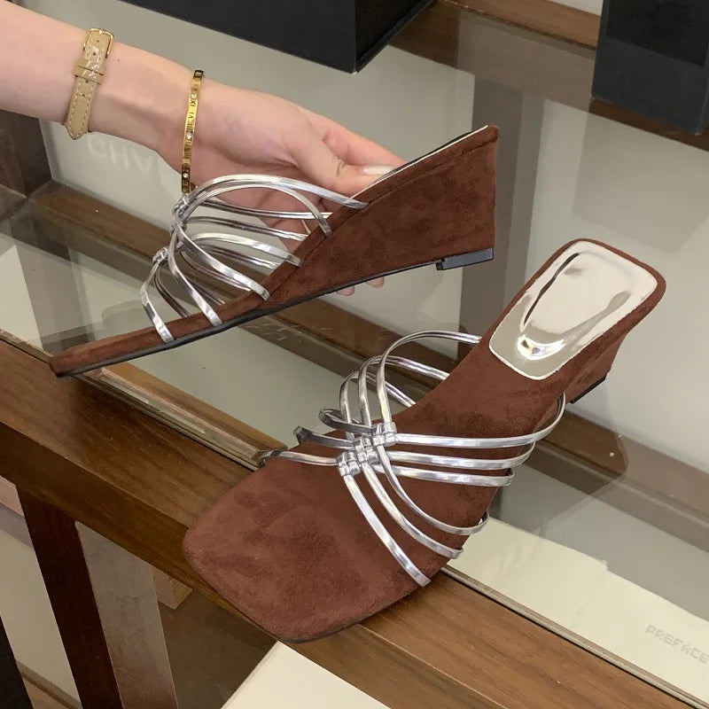 Aneikeh Gold Thin Strap Mule Sandals Square Open Toe Metallic Low Heel Slides Casual Dress Mujer
