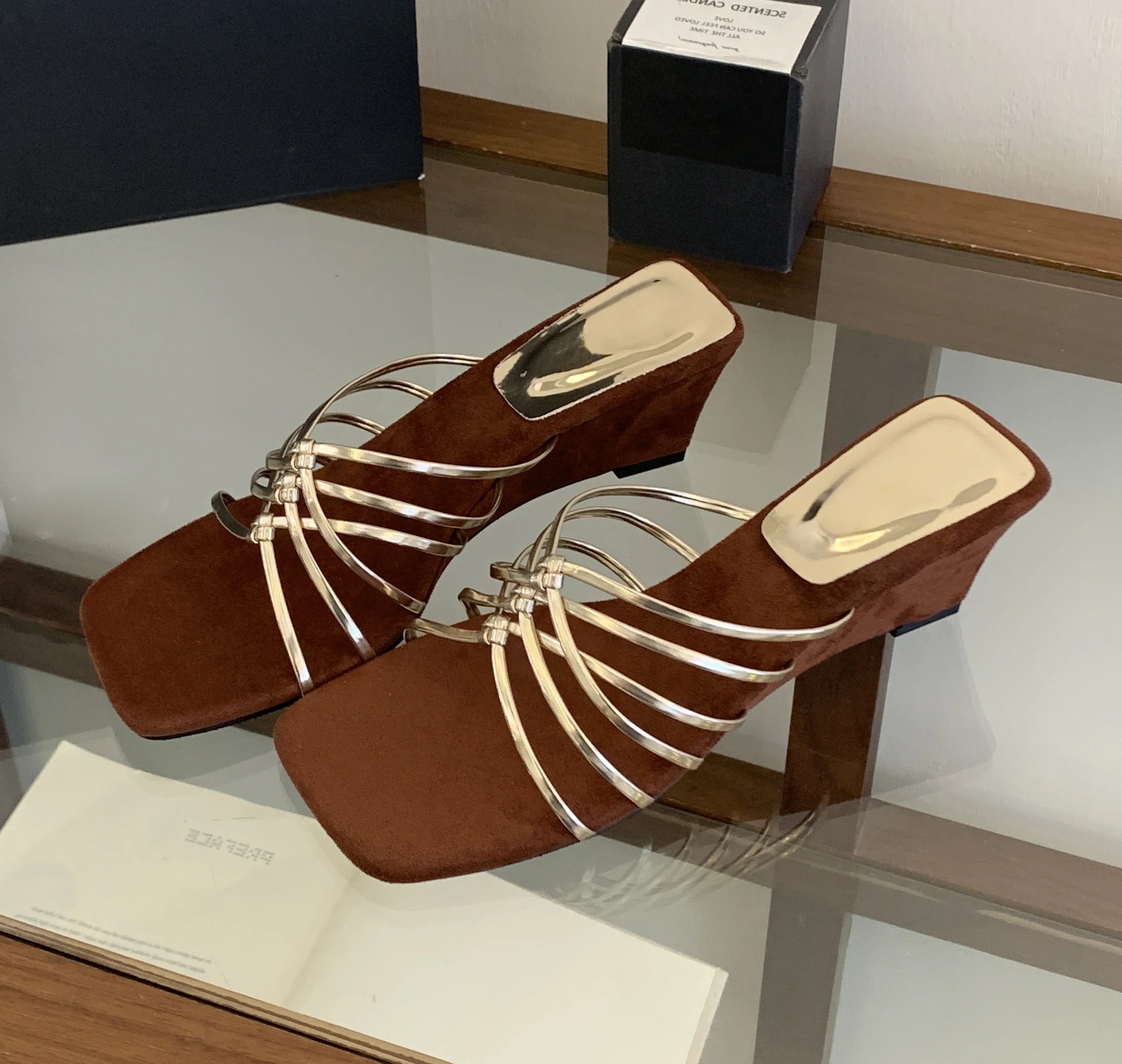 Aneikeh Gold Thin Strap Mule Sandals Square Open Toe Metallic Low Heel Slides Casual Dress Mujer