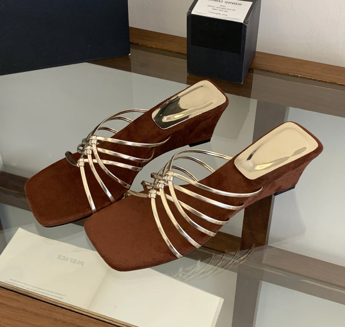 Aneikeh Gold Thin Strap Mule Sandals Square Open Toe Metallic Low Heel Slides Casual Dress Mujer