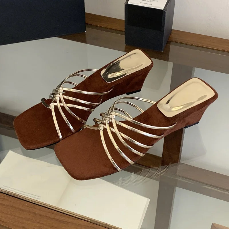 Aneikeh Gold Thin Strap Mule Sandals Square Open Toe Metallic Low Heel Slides Casual Dress Mujer