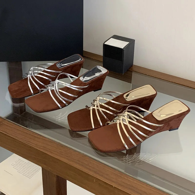 Aneikeh Gold Thin Strap Mule Sandals Square Open Toe Metallic Low Heel Slides Casual Dress Mujer