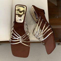 Aneikeh Gold Thin Strap Mule Sandals Square Open Toe Metallic Low Heel Slides Casual Dress Mujer