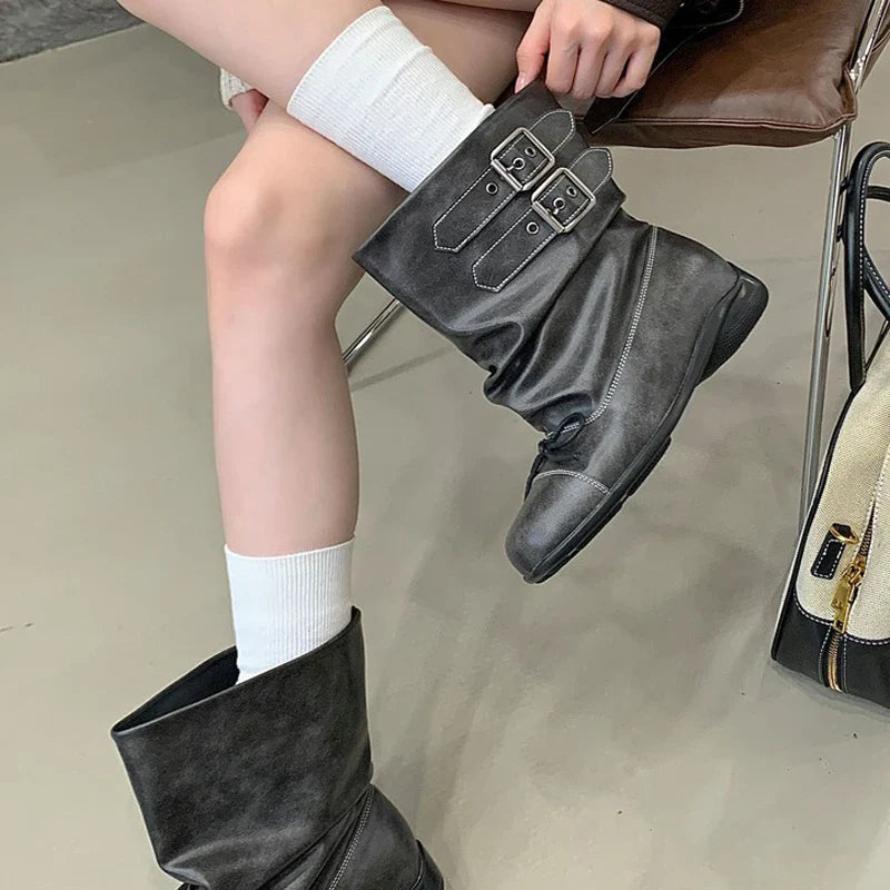 Aneikeh Vintage Distressed Leather Slouch Mid Calf Boots Double Buckle Strap Round Toe Flat Lace Up Motorcycle Boots