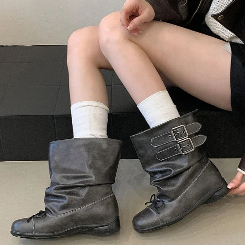 Aneikeh Vintage Distressed Leather Slouch Mid Calf Boots Double Buckle Strap Round Toe Flat Lace Up Motorcycle Boots
