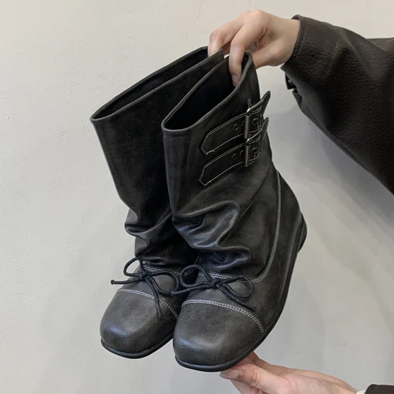 Aneikeh Vintage Distressed Leather Slouch Mid Calf Boots Double Buckle Strap Round Toe Flat Lace Up Motorcycle Boots