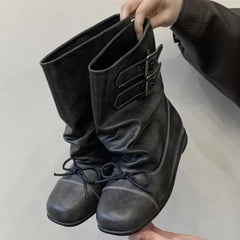Aneikeh Vintage Distressed Leather Slouch Mid Calf Boots Double Buckle Strap Round Toe Flat Lace Up Motorcycle Boots