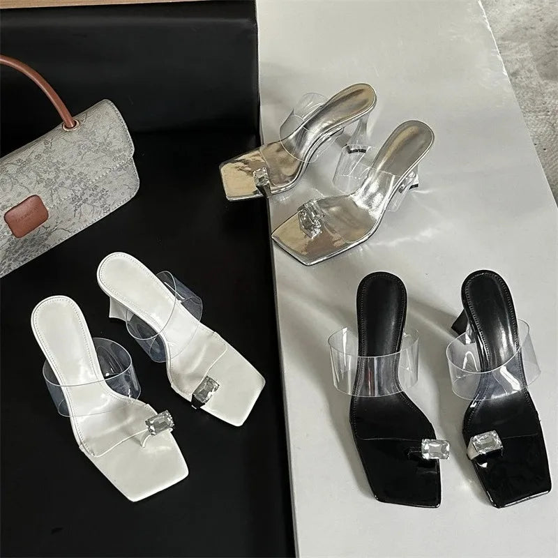 Aneikeh street style Square Toe Crystal Clip Toe Slippers High Heel Clear PVC Mules Slip on Mujer Shoes