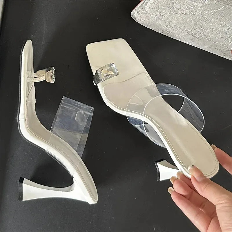 Aneikeh street style Square Toe Crystal Clip Toe Slippers High Heel Clear PVC Mules Slip on Mujer Shoes