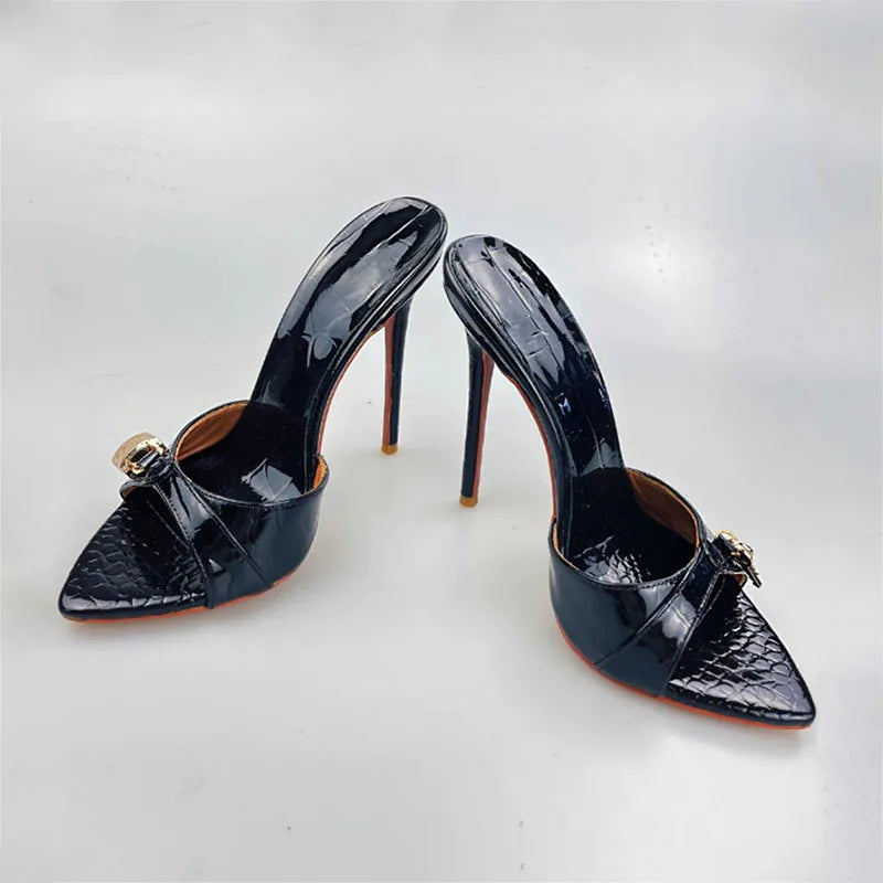 Arden Furtado Camouflage pointed Metal buckle Slippers Open toe Super high heel Word slippers wear Mules