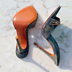 Arden Furtado Camouflage pointed Metal buckle Slippers Open toe Super high heel Word slippers wear Mules