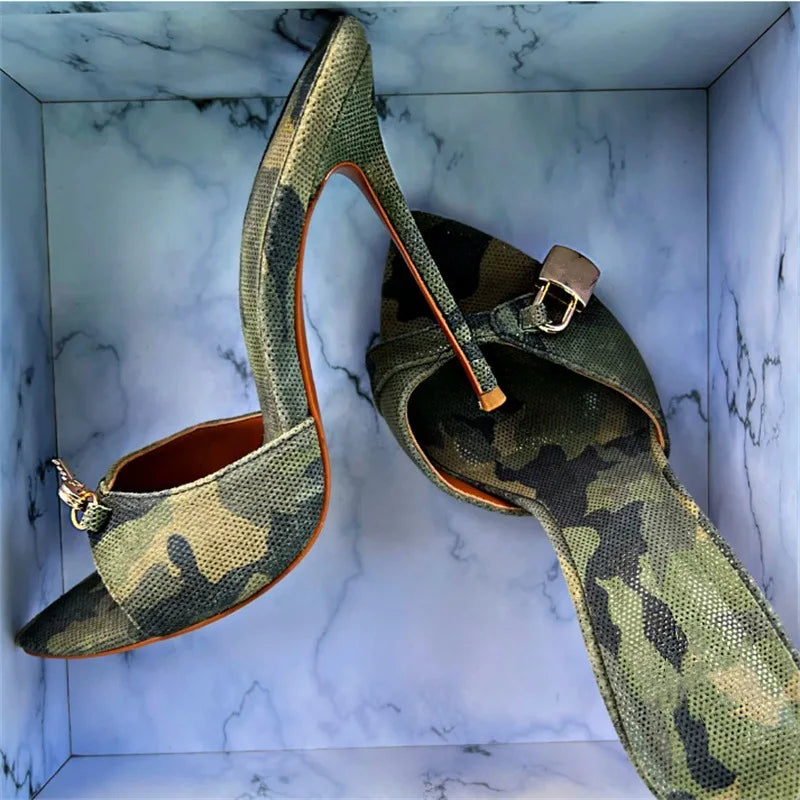 Arden Furtado Camouflage pointed Metal buckle Slippers Open toe Super high heel Word slippers wear Mules