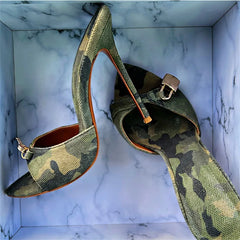 Arden Furtado Camouflage pointed Metal buckle Slippers Open toe Super high heel Word slippers wear Mules